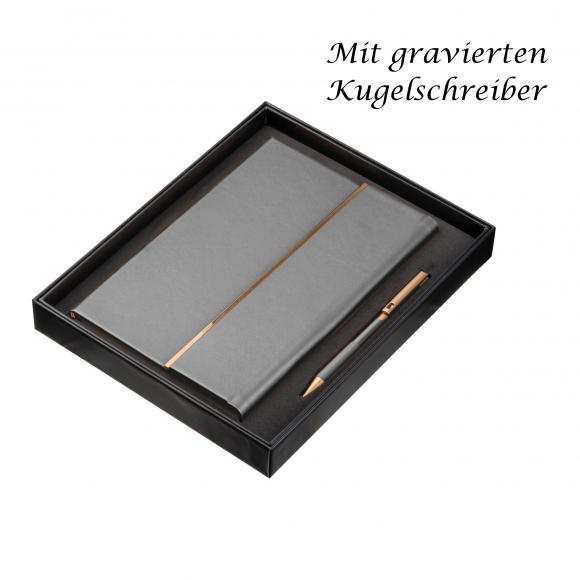 Edles Set mit Notizbuch + Kugelschreiber mit Gravur / Geschenkkarton / anthrazit
