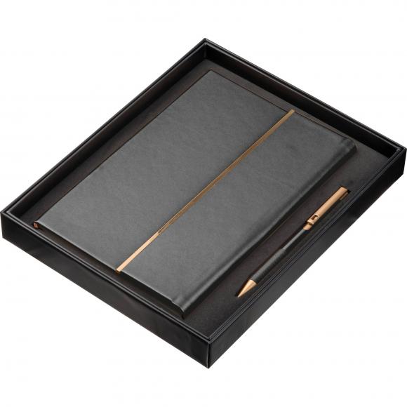 Edles Set mit Notizbuch und Kugelschreiber mit Gravur / Geschenkkarton / schwarz