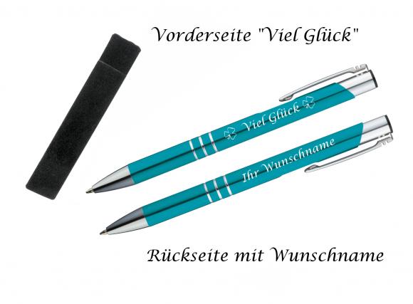 Glücks-Kugelschreiber mit beidseitiger Gravur / mit Velouretui / Farbe: türkis