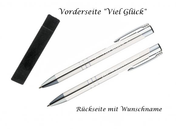 Glücks-Kugelschreiber mit beidseitiger Gravur / mit Velouretui / Farbe: weiß