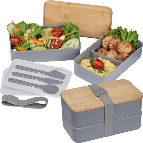 Große Brotdose mit Gravur / Lunchbox / 2-stöckig / mit Besteck / Farbe: grau