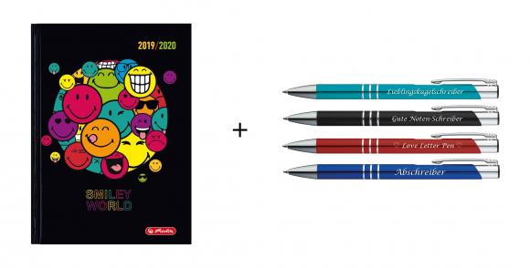 Herlitz Schülerplaner 2019 - 2020 / A6 / "Smiley" + 4 Kugelschreiber mit Gravur