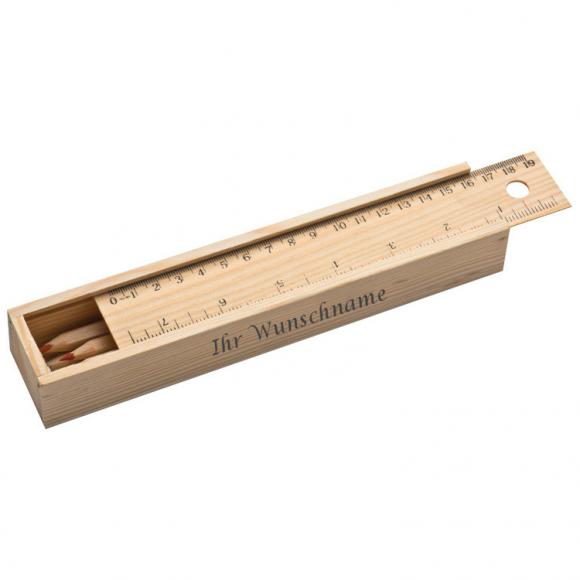 Holzbox mit Gravur / mit 8 Buntstifte / Deckel mit Lineal / naturbelassen