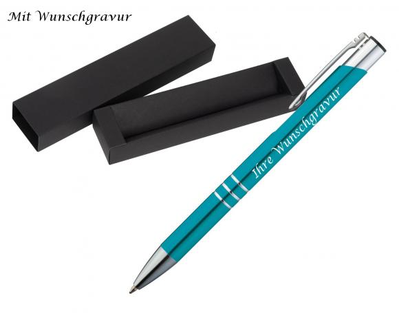 Kugelschreiber aus Metall mit Gravur / mit Pappetui / Farbe: türkis