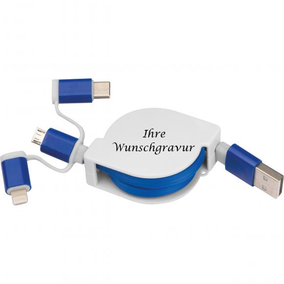 Ladekabel mit iOS, C-Type und Micro USB Anschluss mit Gravur / Farbe: blau