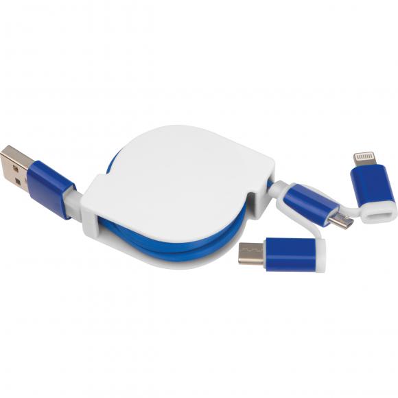 Ladekabel mit iOS, C-Type und Micro USB Anschluss mit Gravur / Farbe: blau