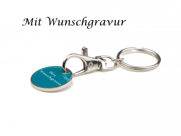 Metall Schlüsselanhänger mit Gravur / mit Einkaufschip / Farbe: türkis