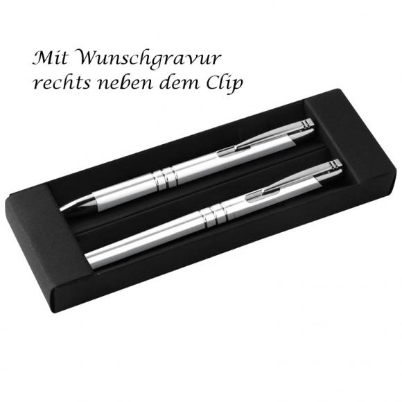 Metall Schreibset mit Gravur / Kugelschreiber + Rollerball / Farbe: weiß