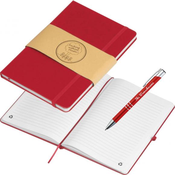 Notizbuch mit Kugelschreiber mit Namensgravur - PU Cover - A5 / 192 Seiten - rot