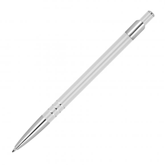 Schlanker Kugelschreiber aus Metall mit Gravur / Farbe: weiß
