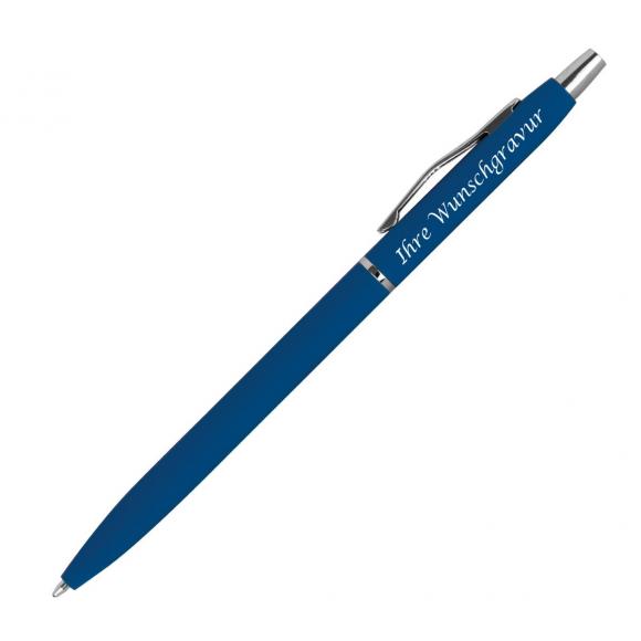 Schlanker Metall-Kugelschreiber mit Gravur / gummiert / Farbe: blau