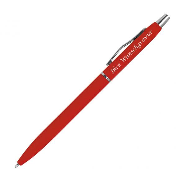 Schlanker Metall-Kugelschreiber mit Gravur / gummiert / Farbe: rot