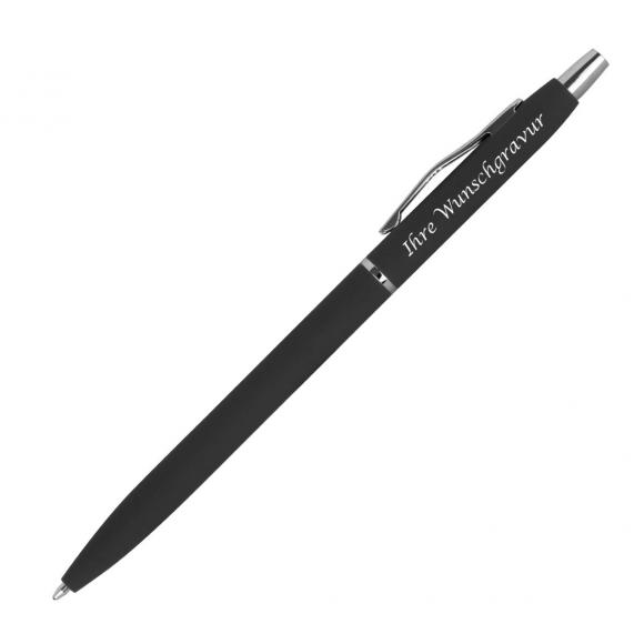 Schlanker Metall-Kugelschreiber mit Gravur / gummiert / Farbe: schwarz