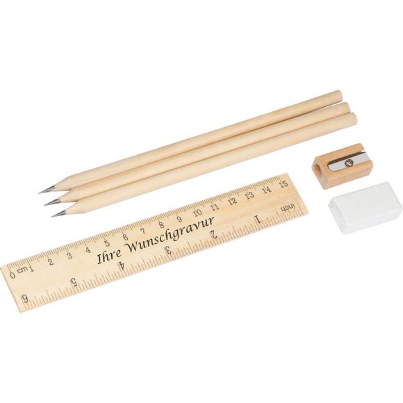 Schreibset mit 3 Bleistifte mit 3 Härtegraden,Spitzer,Radierer,Lineal mit Gravur