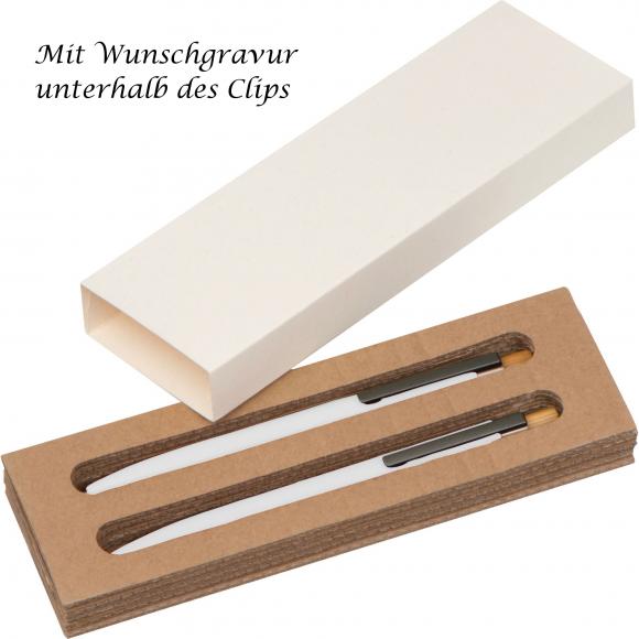 Schreibset mit Kugelschreiber und Druckbleistift aus Metall mit Gravur / weiß