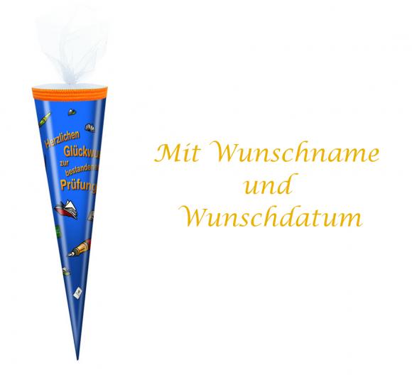 Schultüte mit gold gefärbter Gravur / 35cm / rund / "Bestanene Prüfung"