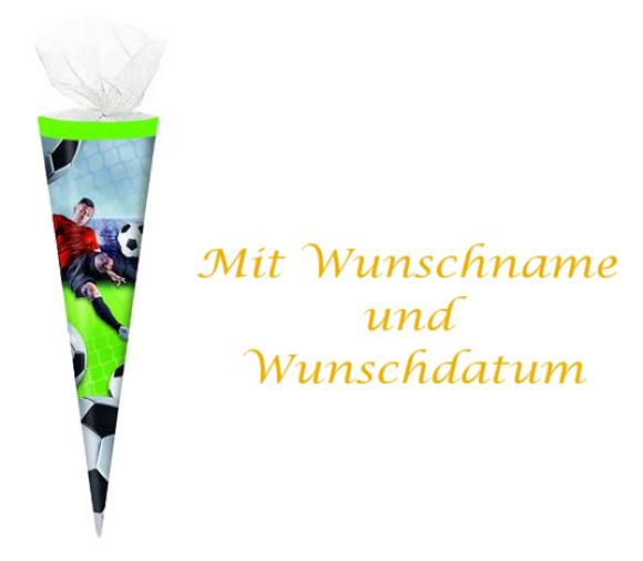 Schultüte mit gold gefärbter Gravur / 35cm / rund / Tüllverschluss / "Fußball"