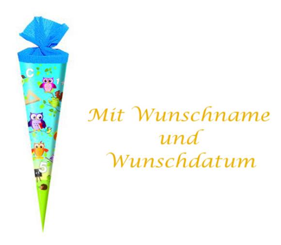 Schultüte mit gold gefärbter Gravur / Zuckertüte / 35cm / rund / "Eulenschule"