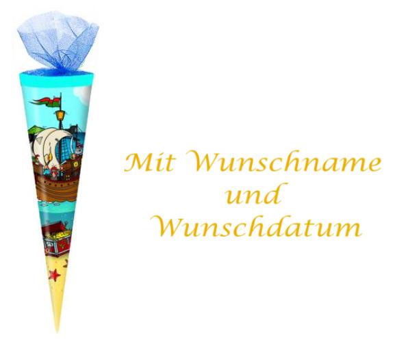 Schultüte mit gold gefärbter Gravur 35cm rund / Tüllverschluss / "Piratenschiff"