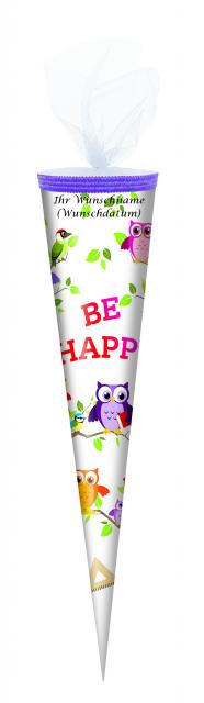 Schultüte mit schwarz gefärbter Gravur / Zuckertüte / 50cm / rund / "Be Happy"