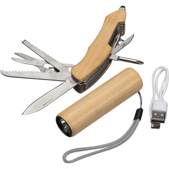 Set bestehend aus Akku-Taschenlampe und Taschenmesser aus Bambus mit Gravur