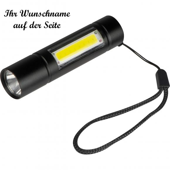 Taschenlampe mit Akku mit Namensgravur - mit seitlichen COB Licht - schwarz