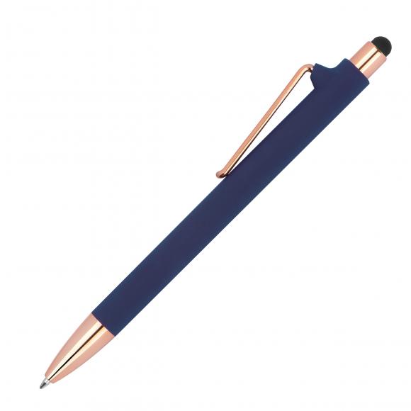 Touchpen-Kugelschreiber aus Metall / gummiert / Farbe: roségold-dunkelblau