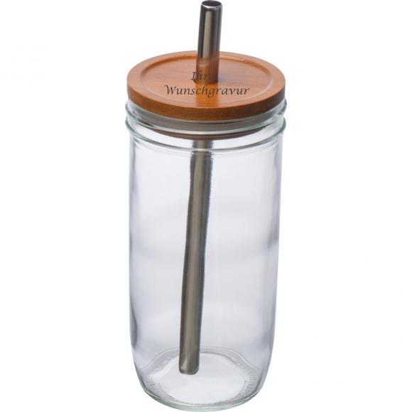 Trinkbecher aus Glas mit Gravur / mit Bambusdeckel und Trinkhalm / 650ml