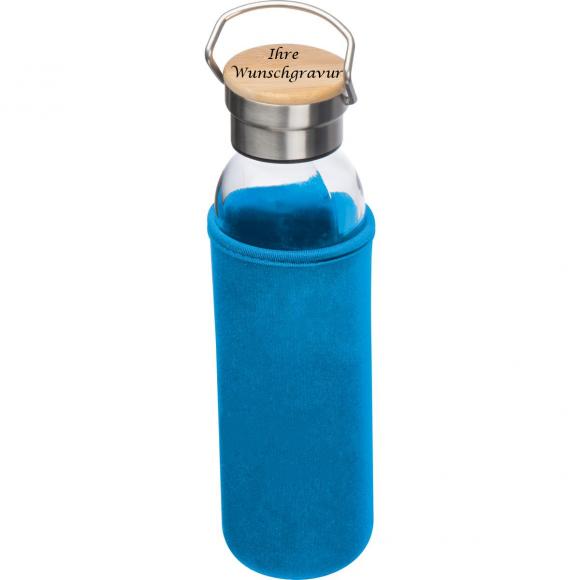 Trinkflasche aus Glas mit Gravur / mit Neoprenüberzug / 600ml / Farbe: hellblau