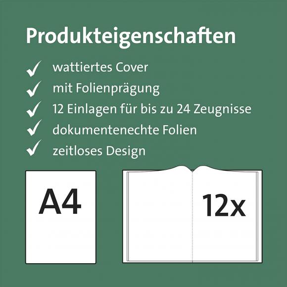 Zeugnismappe mit Gravur / A4 / wattiertes Cover / mit 12 Hüllen / Farbe: grün