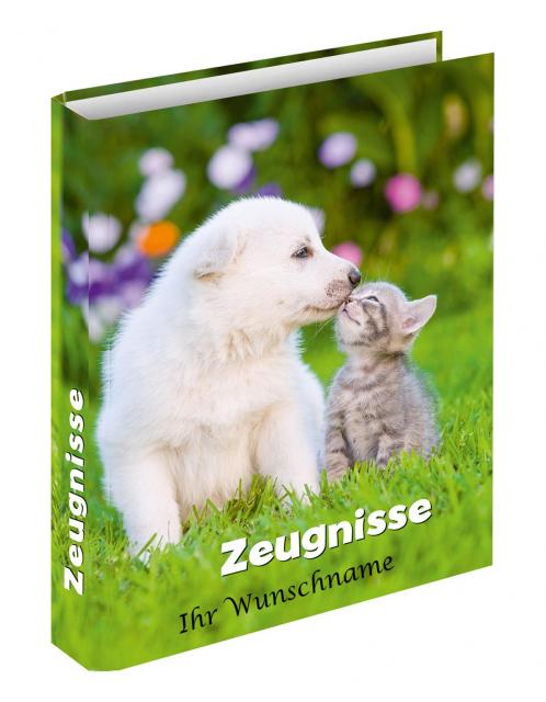 Zeugnismappe mit schwarzgefärbter Gravur / Zeugnisringbuch / "Hund + Katze"