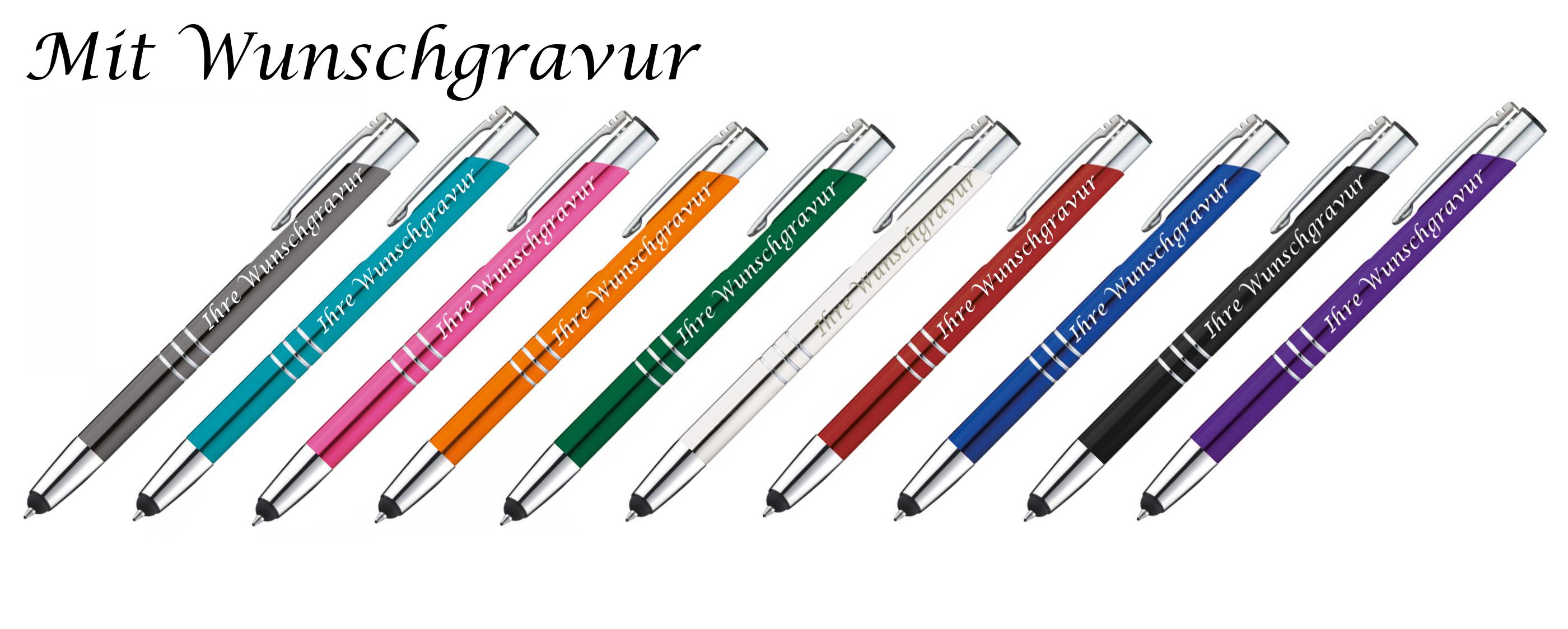10 verschiedene Farben 10 Touchpen Kugelschreiber aus Metall mit Gravur 