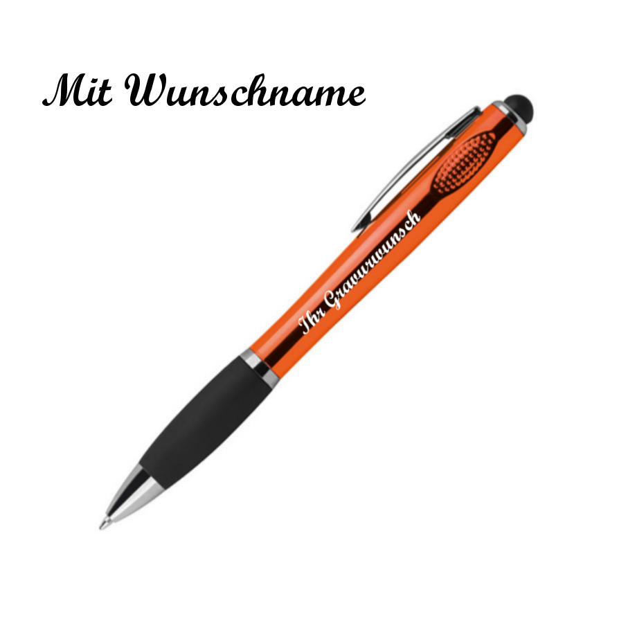 LED Touchpen Kugelschreiber mit Namensgravur silber/weiß mit orangen Stylus 