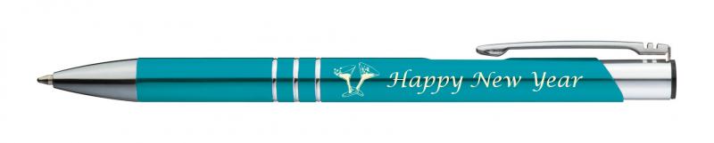 10 Kugelschreiber mit Gravur "Happy New Year" / aus Metall / Farbe: türkis