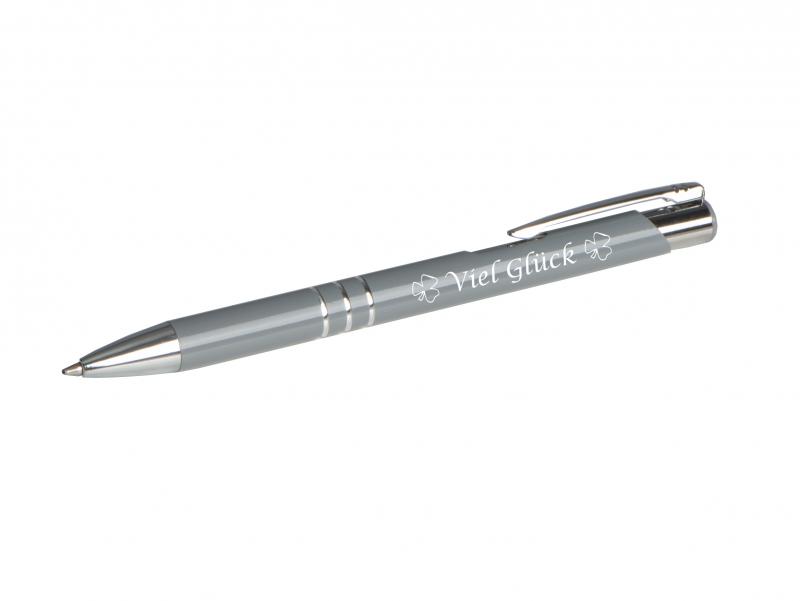 10 Kugelschreiber mit Gravur "Viel Glück" / aus Metall / Farbe: grau