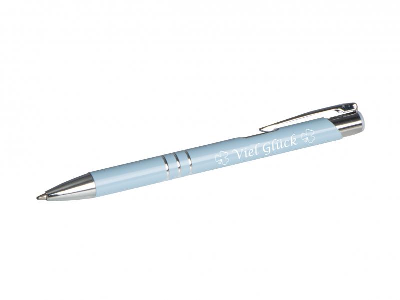 10 Kugelschreiber mit Gravur "Viel Glück" / aus Metall / Farbe: pastell blau