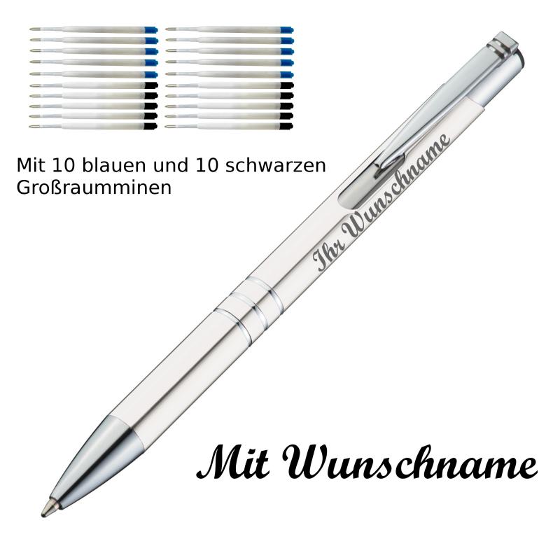 10 Kugelschreiber mit Namensgravur / je 10 schwarze + blaue Minen / weiß