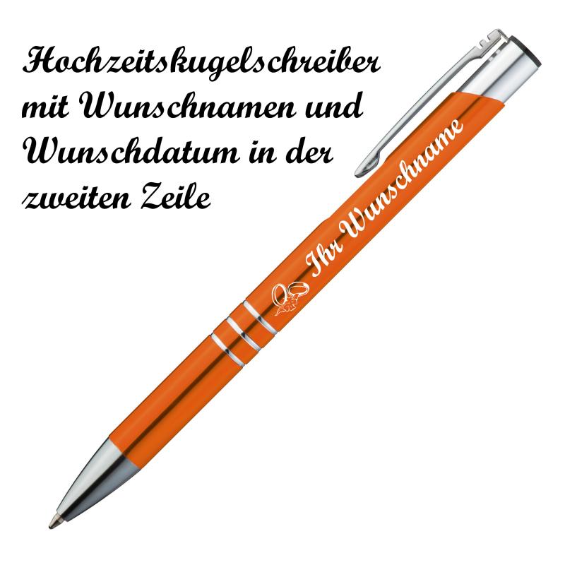 10 Kugelschreiber mit Namensgravur "Hochzeit" - aus Metall - Farbe: orange