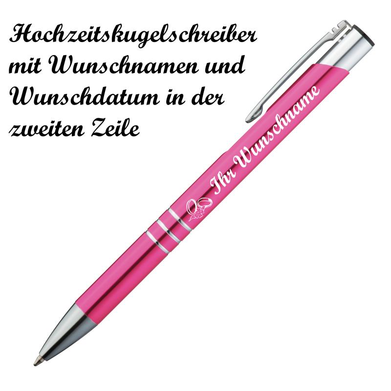 10 Kugelschreiber mit Namensgravur "Hochzeit" - aus Metall - Farbe: pink