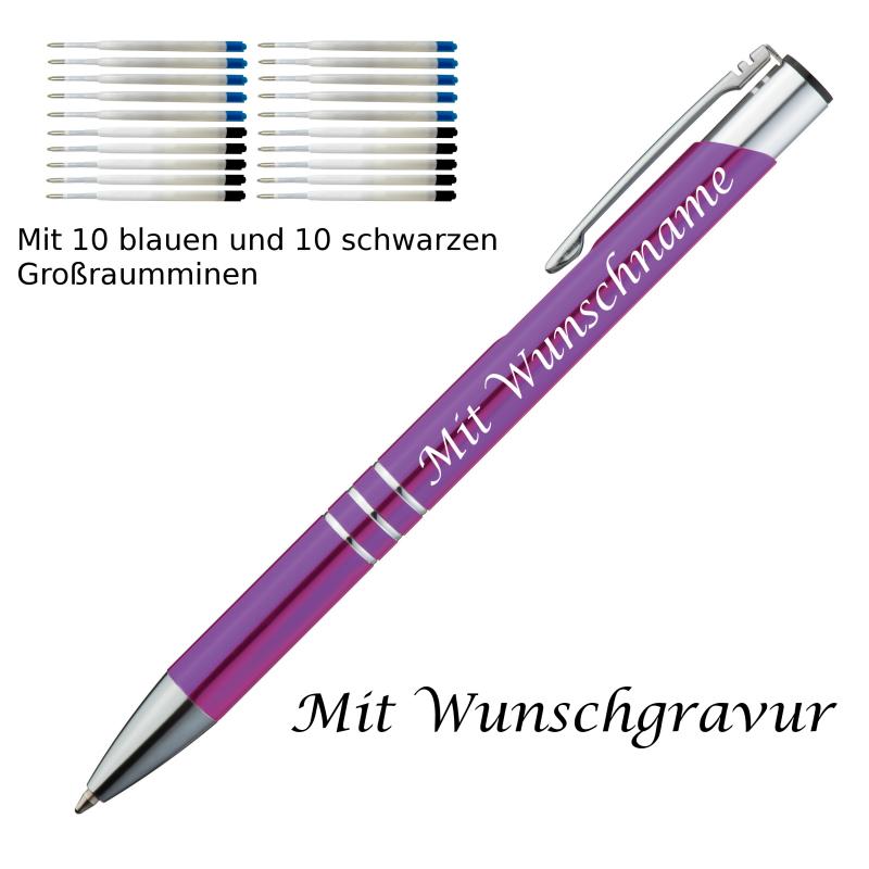 10 Metall Kugelschreiber mit Gravur / je 10 schwarze + blaue Minen / lila