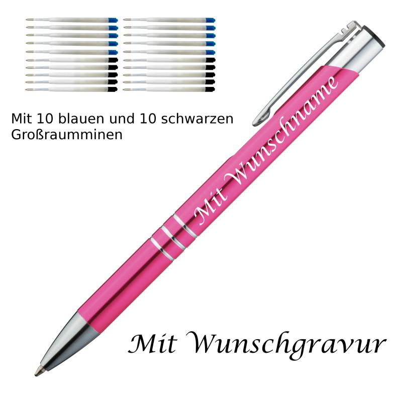 10 Metall Kugelschreiber mit Gravur / je 10 schwarze + blaue Minen / pink