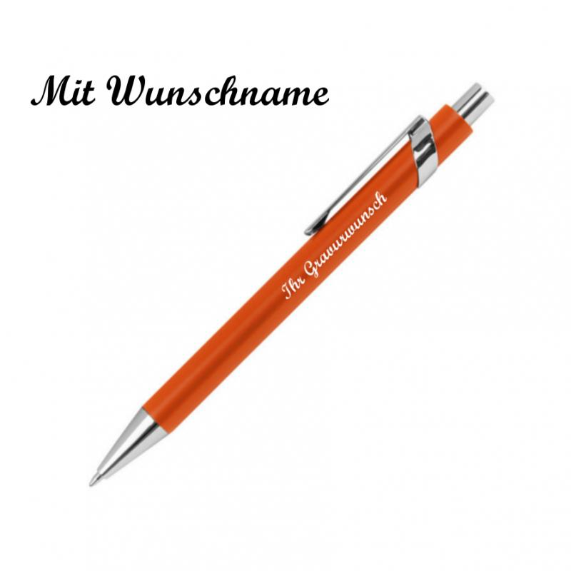 10 Metall-Kugelschreiber mit Namensgravur - silberne Applikationen - orange