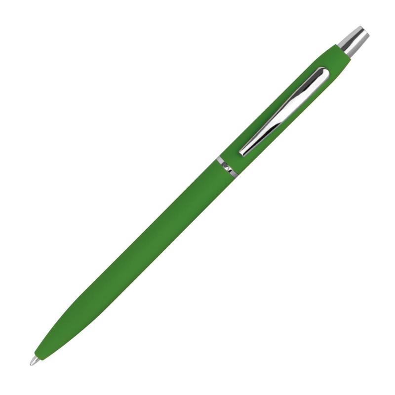 10 Schlanke Metall-Kugelschreiber mit Gravur / gummiert / Farbe: grün