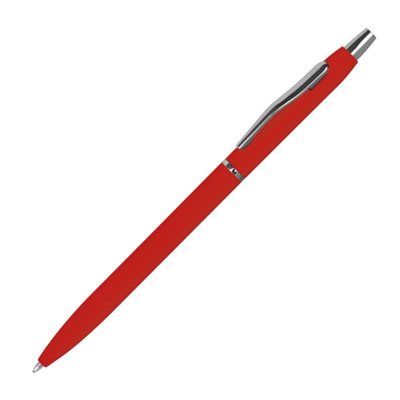 10 Schlanke Metall-Kugelschreiber mit Gravur / gummiert / Farbe: rot