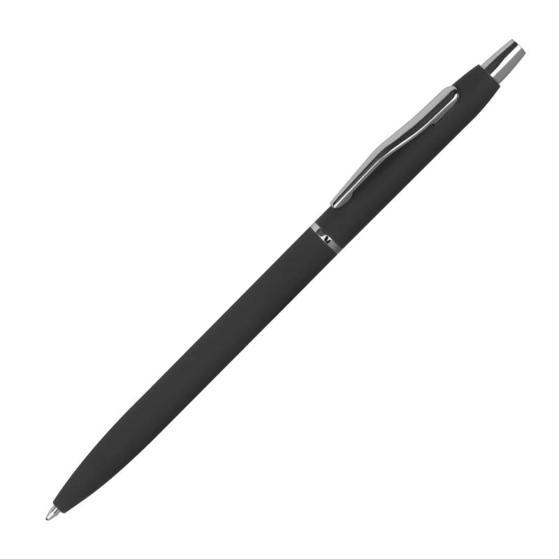 10 Schlanke Metall-Kugelschreiber mit Gravur / gummiert / Farbe: schwarz