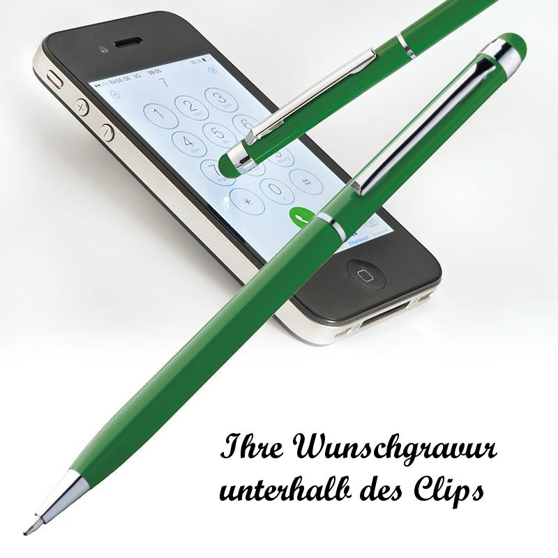 10 Touchpen Drehkugelschreiber mit Namensgravur - aus Edelstahl - Farbe: grün