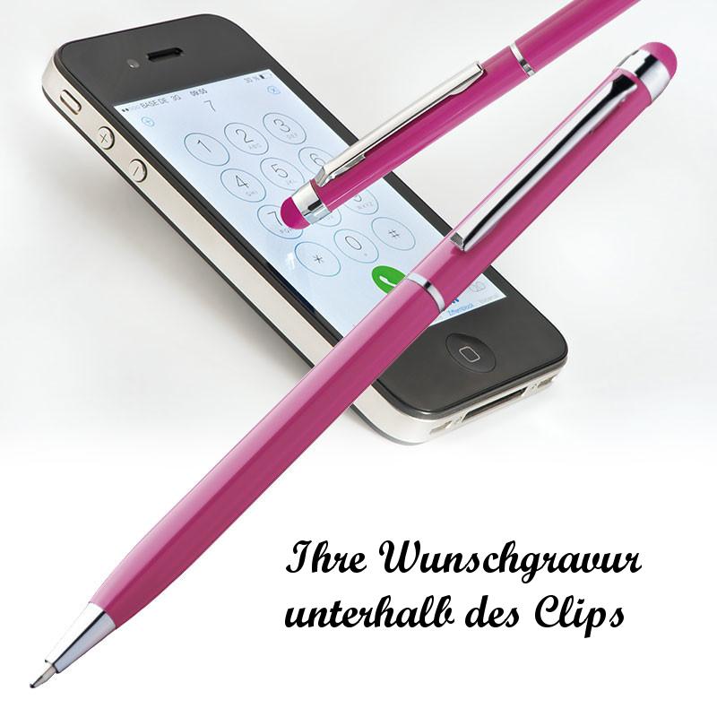 10 Touchpen Drehkugelschreiber mit Namensgravur - aus Edelstahl - Farbe: pink