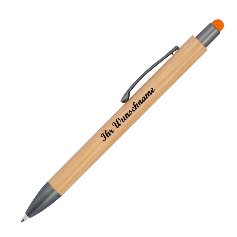 10 Touchpen Holzkugelschreiber aus Bambus mit Namensgravur - Stylusfarbe: orange