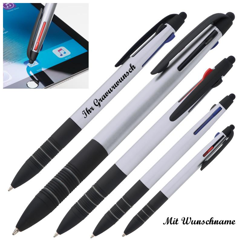 10 Touchpen Kugelschreiber 4in1 mit Namensgravur -3 Schreibfarben -Farbe: silber