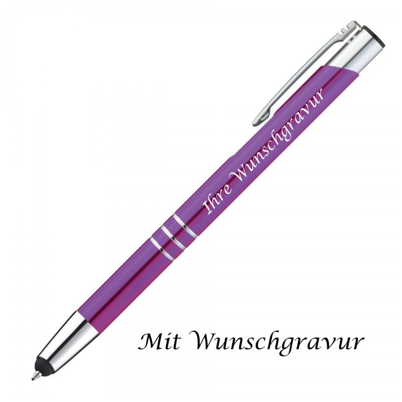 10 Touchpen Kugelschreiber aus Metall mit Gravur / Farbe: lila